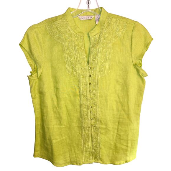 Tweeds Medium Green Linen Women's Top Shirt Blouse Miss Size 8 10 M Button Down - Picture 2 of 5